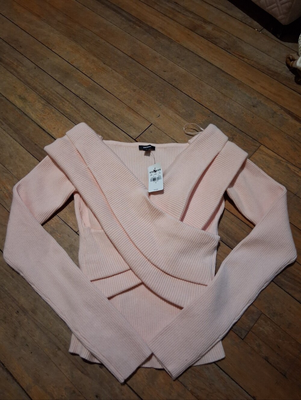 Express Pale Pink Ribbed Wrap-Style Sweater - Picture 6 of 6